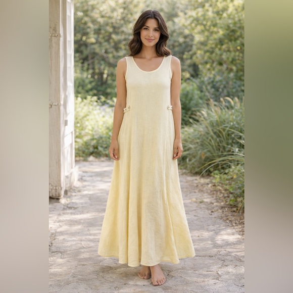 Flax Dresses & Skirts - Vtg FLAX 100% Linen Maxi Dress Small Ivory Lagenlook Resort Coastal